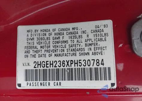 1993 Honda Civic Dx из США, поврежденный, VIN 2HGEH236XPH530784